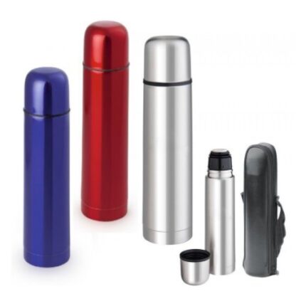 Termo metálico con funda negra para llevar. Capacidad 500 ml