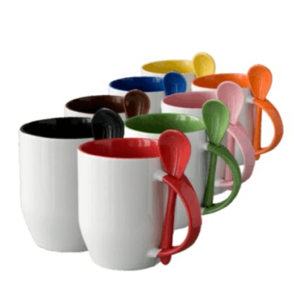 Taza blanca mas cucharita, interior y aza de colores para sublimación. Contenido 11 onzas