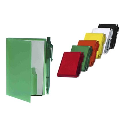 Libreta de plástico con taco de hojas blancas mas lapicero. Medida 7 x 10.5 cm