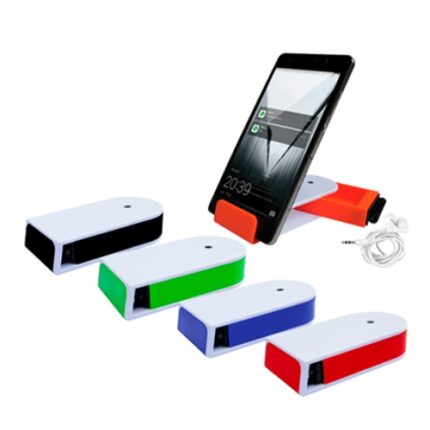Porta celular de plástico con audífonos y limpiador de pantalla