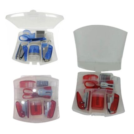 Estuche con engrapadora, tajador, perforador, sacagrapas, tijera y dispensador con cinta