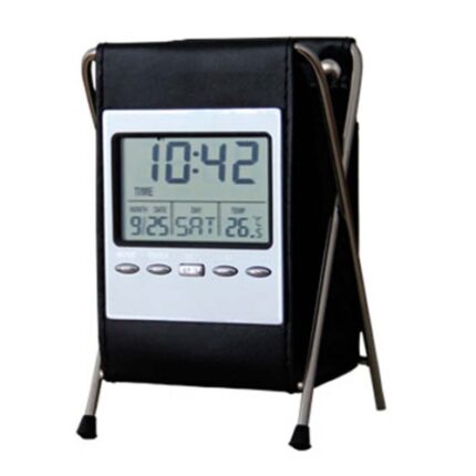 Porta lapicero de cuerina con reloj en la parte frontal y soporte de metal mas reloj